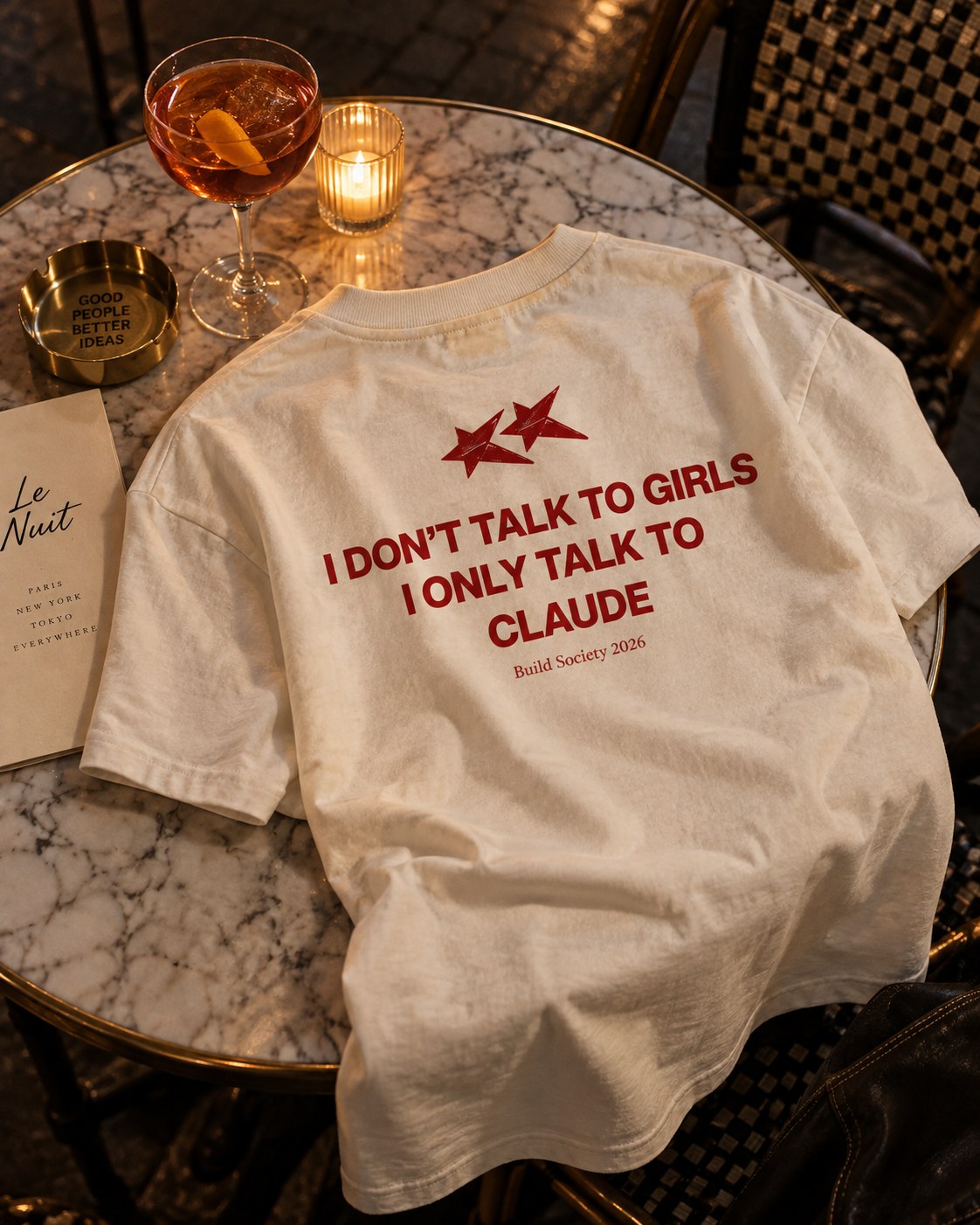 Le t-shirt posé sur une table de bistrot en marbre